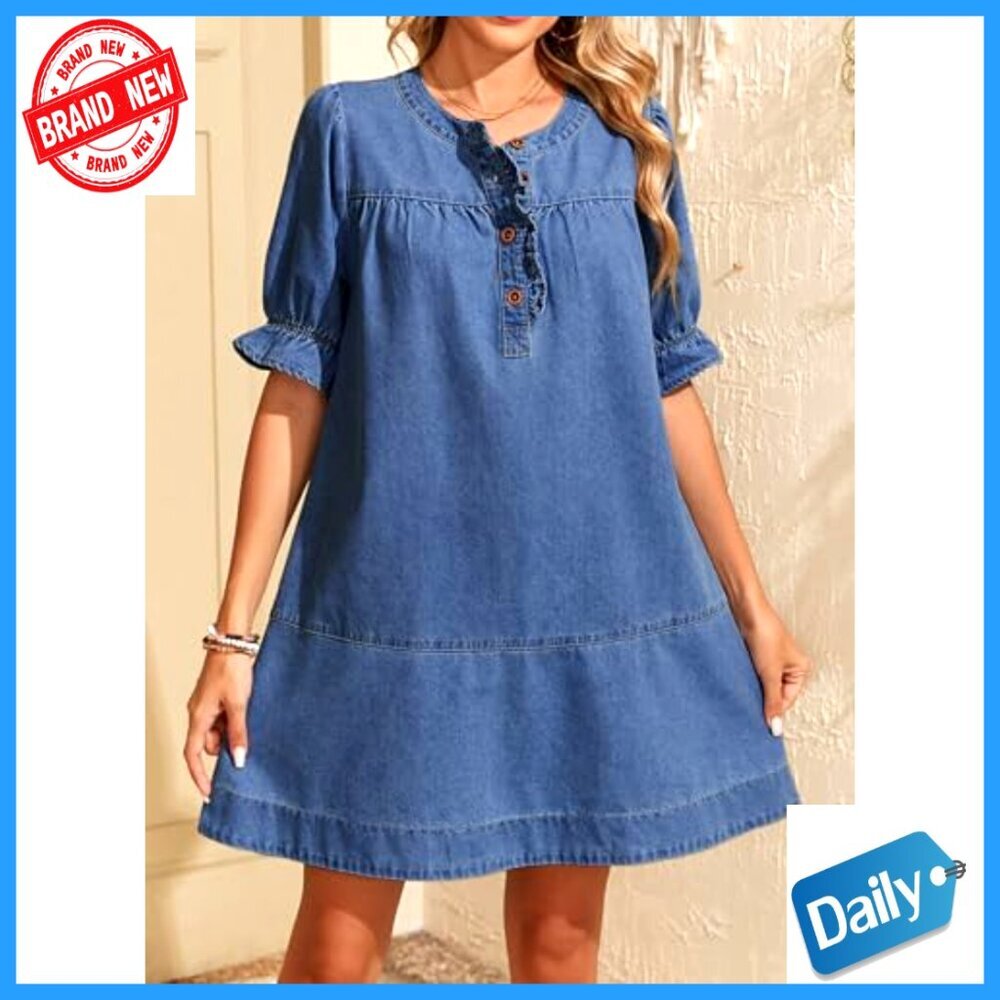 Denim Babydoll Dress Casual Button Front Ruffle Sleeve Loose Fit Mini - Picture 4 of 7